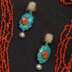 Turquoise with Coral and Pearl Earrings