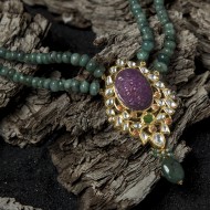 Carved Ruby and Multi-color Jadtar Pendant with Emerald Necklace