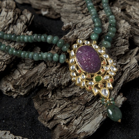 Carved Ruby and Multi-color Jadtar Pendant with Emerald Necklace