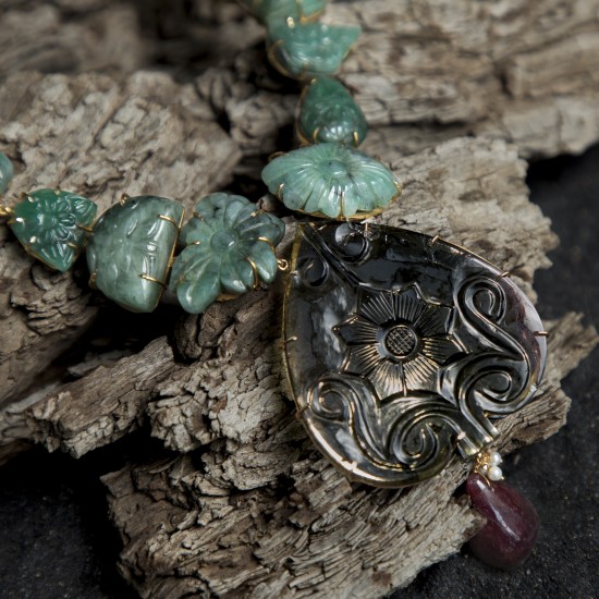 Carved Heart Tourmaline with Carved Emerald Pieces Necklace 