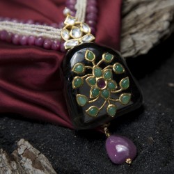 Green Flower Jadtar Carved Tourmaline Pendant with Ruby and Pearl Necklace