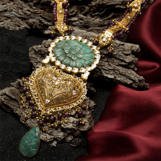 Gold heart and carved Emerald Pendant Necklace