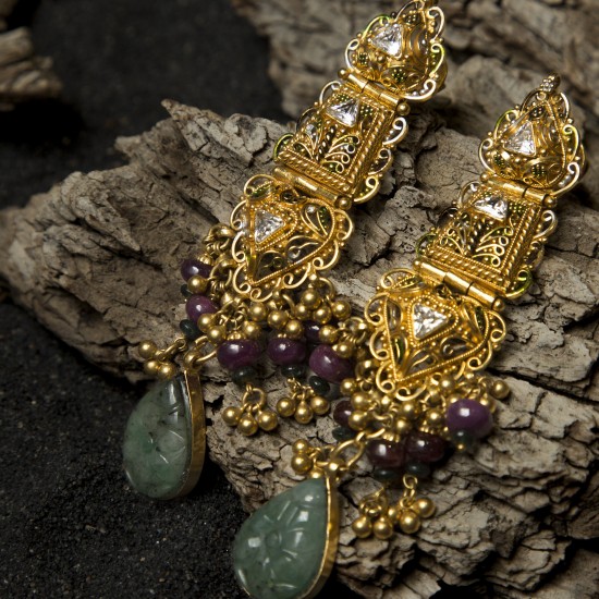 Gold and Carved Emerald Earrings