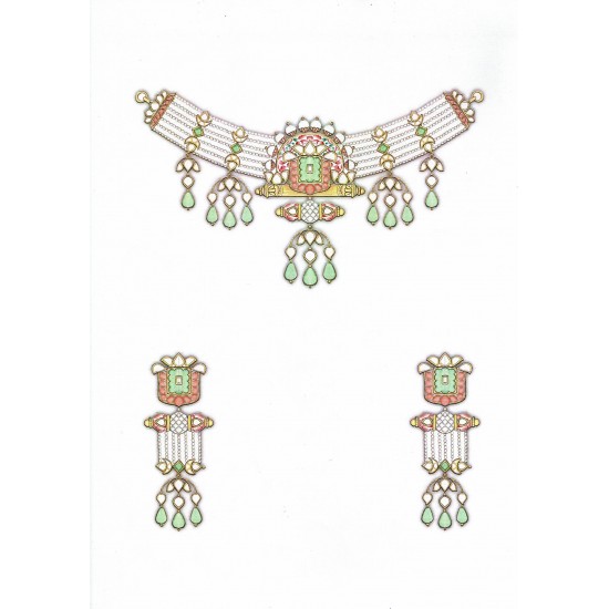 Pearl Necklace with Jadtar Pieces and Lotus -Jadtar Pendant Set