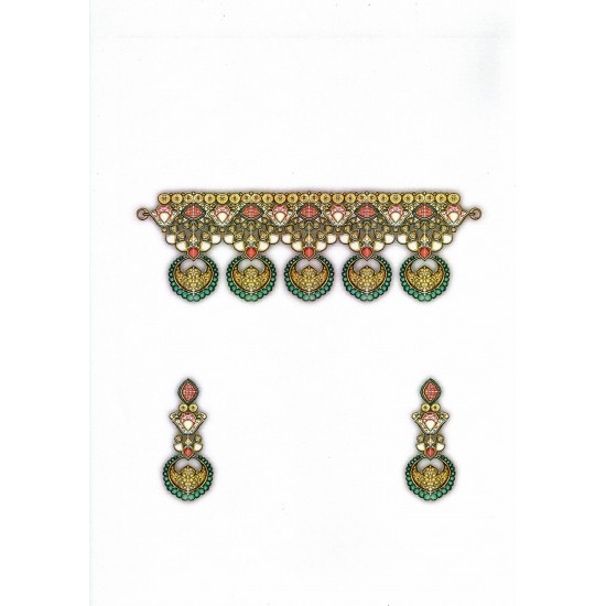 Multi-color Jadtar Necklace with Gold and Emerald Chaand Pieces Hanging Set