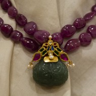 Carved Aventurine Pendant with Peacock Jadtar and Ruby  Necklace