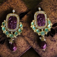 Carved Rectangular Ruby and Emerald Earrings