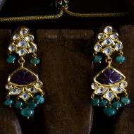 Carved Ruby Pieces with White Jadtar Earrings