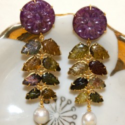 Carved Ruby Top and Tourmaline Leaf Earrings