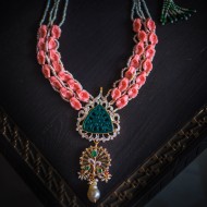 Coral Flower Necklace with carved Aventurine and Diamond Pendant