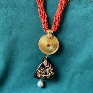 Carved Tourmaline Pendant with Coral Necklace