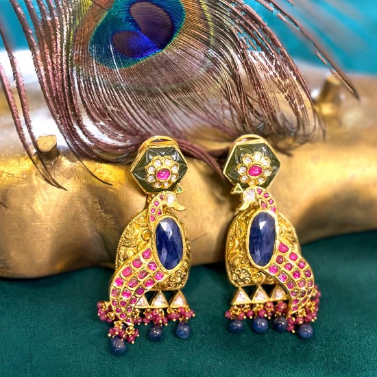 Peacock-shaped Gold and Blue Sapphire Earrings