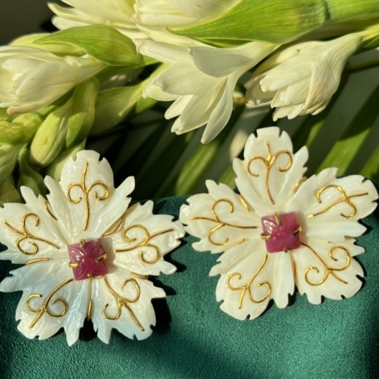 Mother of Pearl and carved Ruby Earrings