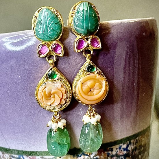 Coral Flower with Leaf-Emerald Earrings