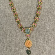 Coral Flower-Emerald pendant with Multi-color Jadtar Necklace