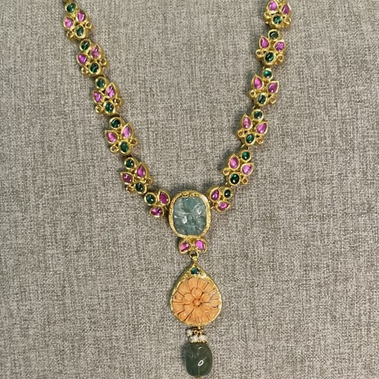 Coral Flower-Emerald pendant with Multi-color Jadtar Necklace Coral Flower-Emerald pendant with Multi-color Jadtar Necklace