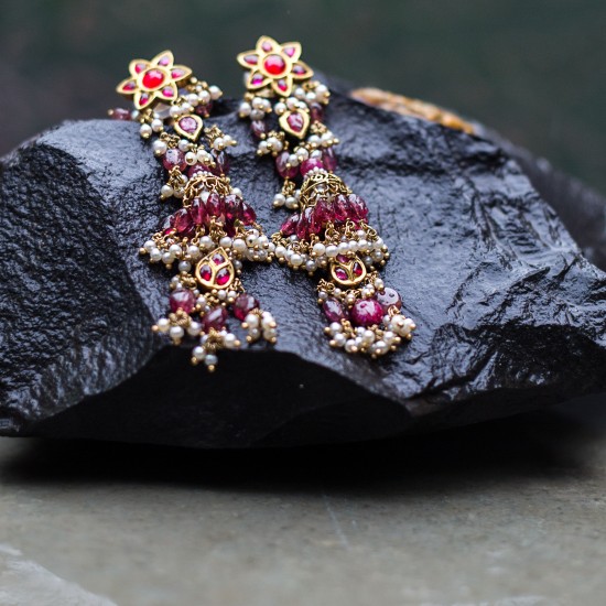 Red Jadtar Flower Earrings 