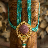 Turquoise beads with Polki-carved Ruby pendant 