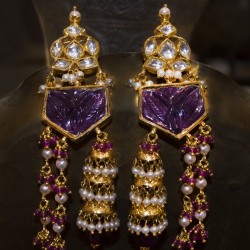 White Jadtar-carved Ruby with Gold Jhallar Earrings