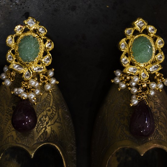 White Jadtar- Carved Emerald Earrings